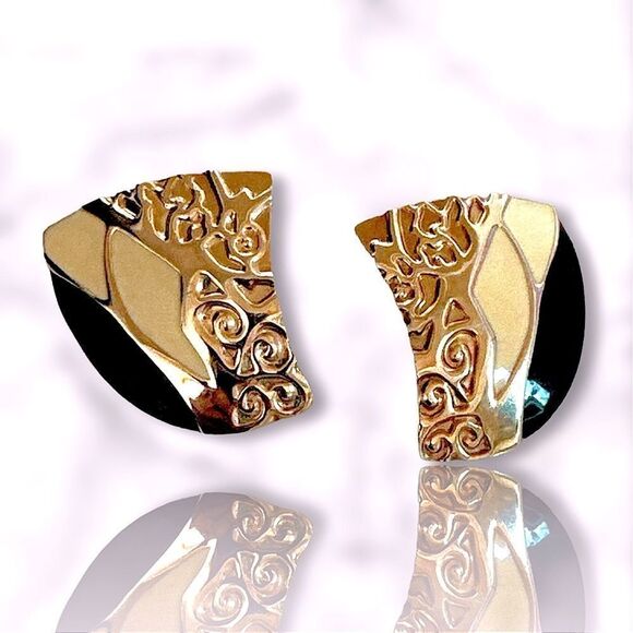 Vintage gold cream and black Beberi modernist pierced earrings - Picture 1 of 6